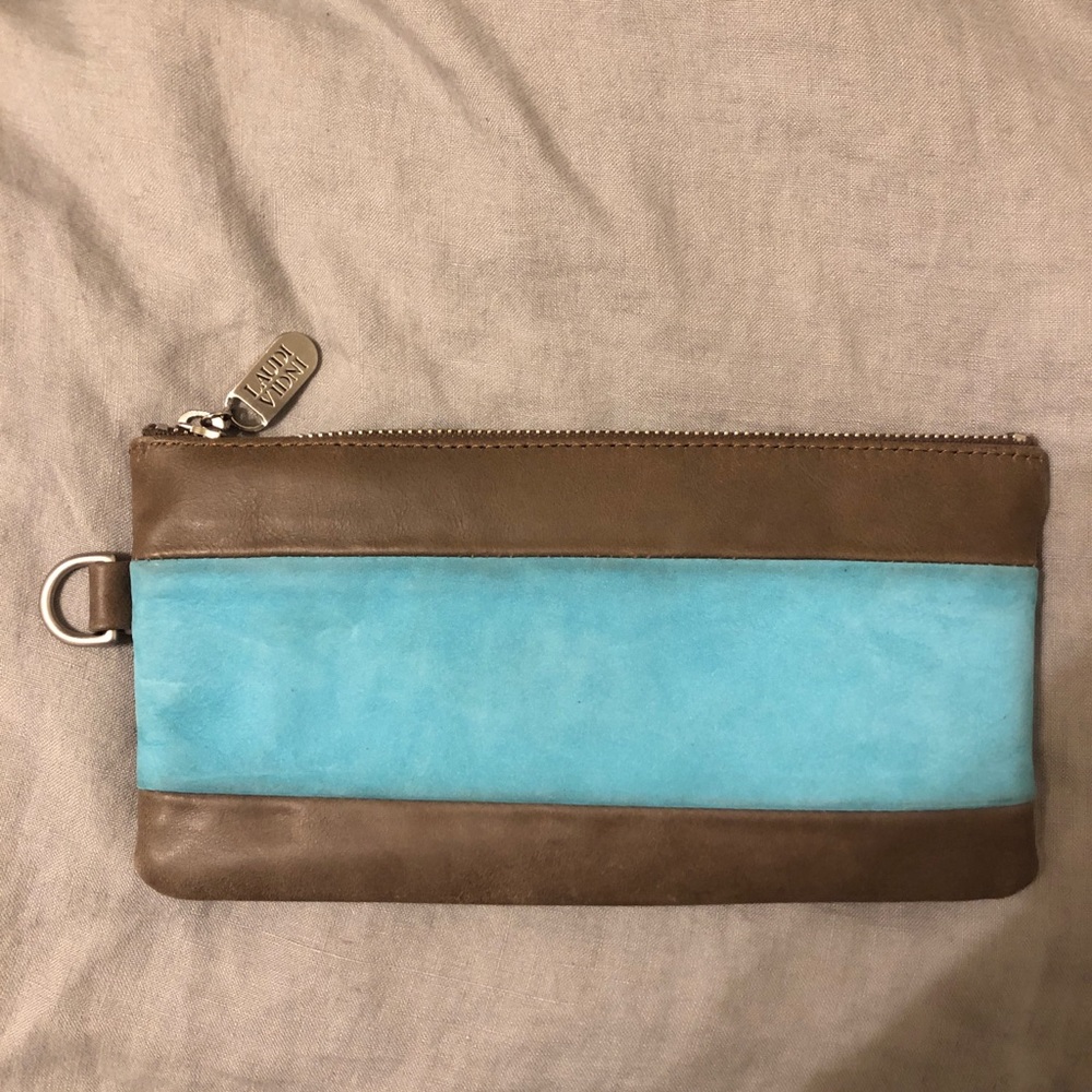 Leather and suede color block wristlet